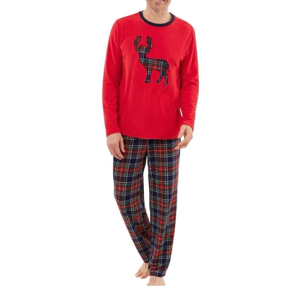 NWT Eddie Bauer Pajama Set Mens XL Red Tartan Plaid Deer Waffle Knit Thermal